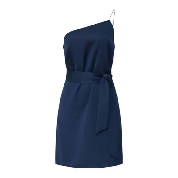 Marissa Webb One Shoulder Tie Mini Dress in Navy Blue Satin Size 4 - Picture 5 of 11